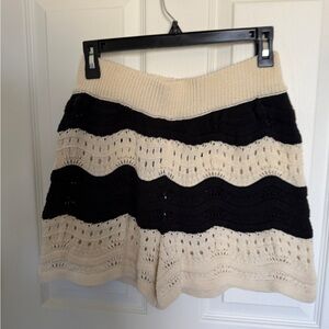 Anthropologie Black and Cream Knit Wave-Stripe Shorts